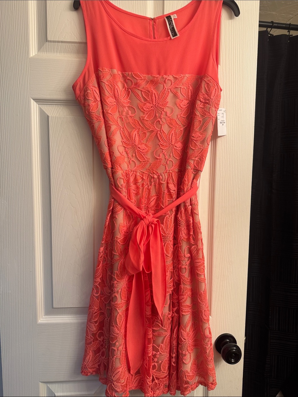 Taylor Coral Lace Midi Dress with belt